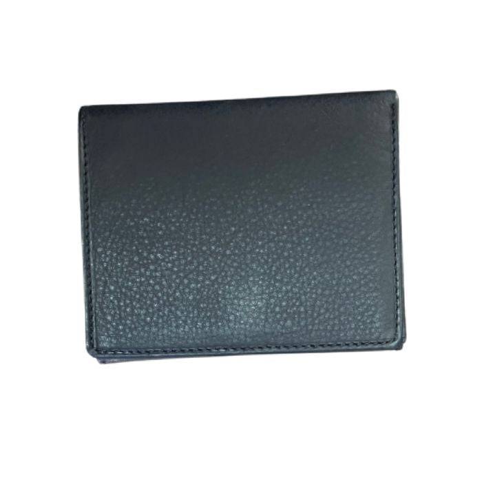 Back view of Derek Alexander tri-fold leather wallet, highlighting its smooth black leather finish and sleek stitching.