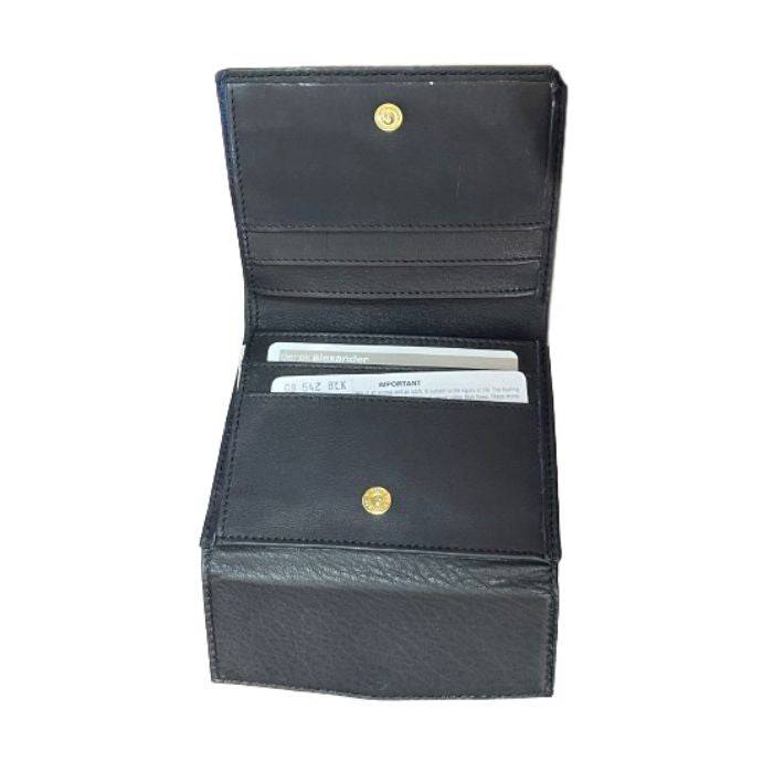 Open Derek Alexander leather billfold wallet displaying multiple card slots and snap closure for secure storage.