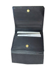 Open Derek Alexander leather billfold wallet displaying multiple card slots and snap closure for secure storage.
