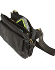 Interior view of Derek Alexander crossbody leather bag showing organized compartments with phone and wallet, perfect for everyday use.