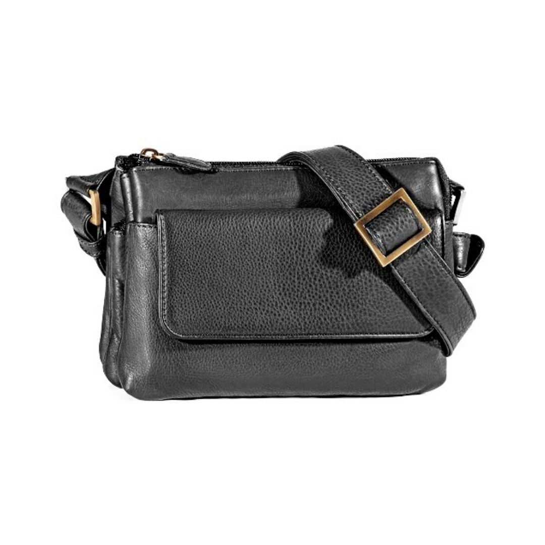 Black Derek Alexander leather crossbody bag featuring a pebbled texture, front flap pocket, and brass-tone buckle on adjustable shoulder strap.