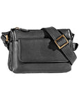 Black Derek Alexander leather crossbody bag featuring a pebbled texture, front flap pocket, and brass-tone buckle on adjustable shoulder strap.