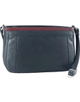 Black leather bag with a brandy trim and an adjustable strap by Derek Alexander