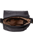 Open view of black Derek Alexander 3/4 Flap Messenger Bag displaying spacious main compartment and zippered pocket.