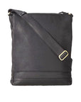 Black Derek Alexander 3/4 Flap Messenger Leather Bag with adjustable strap, sleek design for unisex crossbody use.