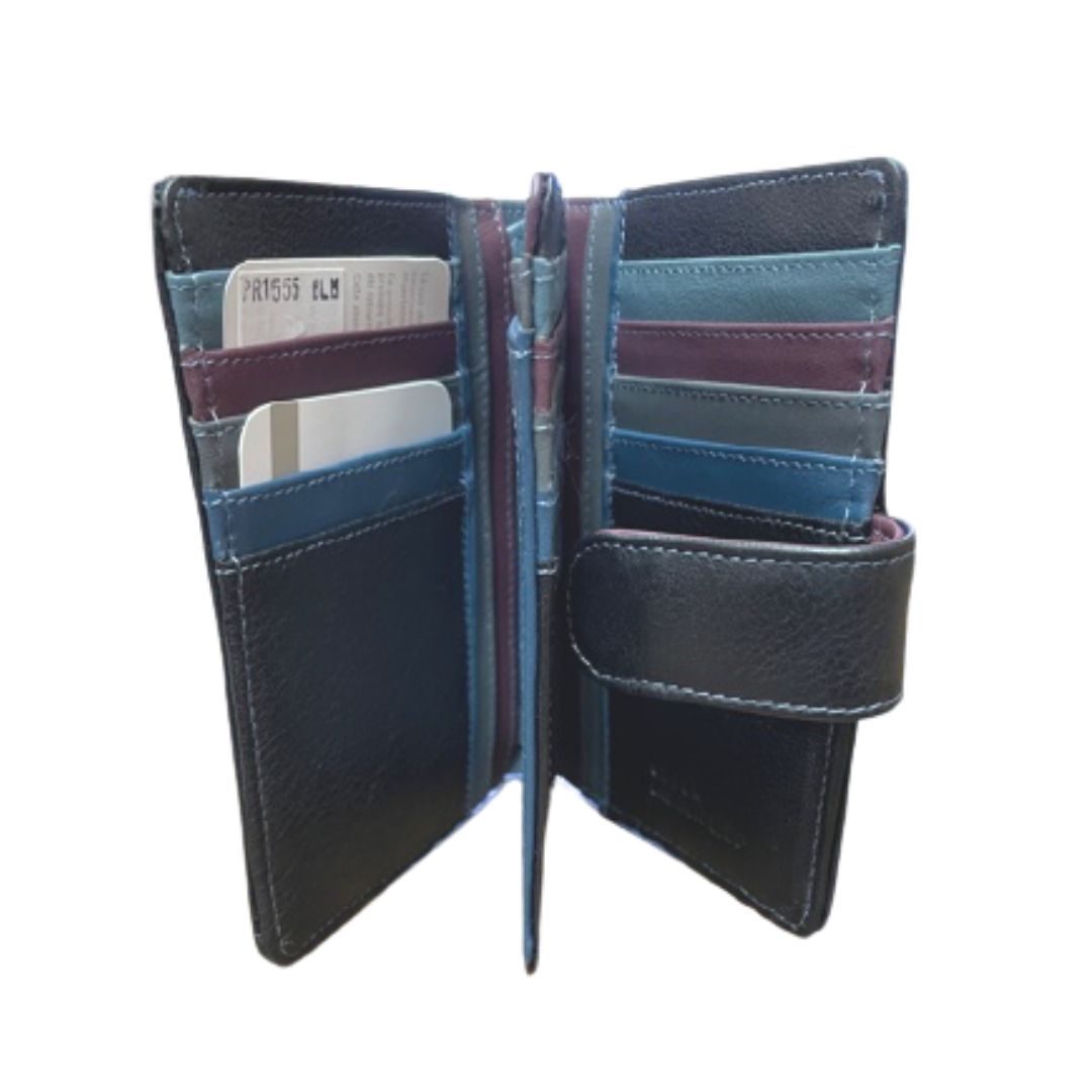 Interior of Centre Wing Wallet, showing multicoloured card slots (blue, teal, purple, and grey) and center divider.