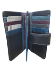 Interior of Centre Wing Wallet, showing multicoloured card slots (blue, teal, purple, and grey) and center divider.