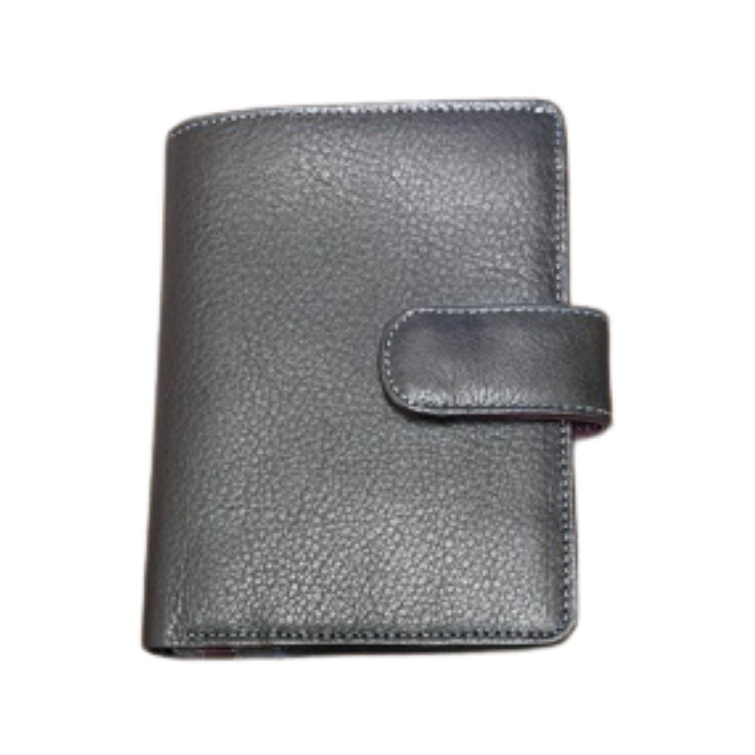 Black crinkled leather wallet with a snap closure.
