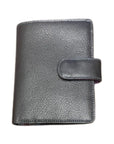 Black crinkled leather wallet with a snap closure.