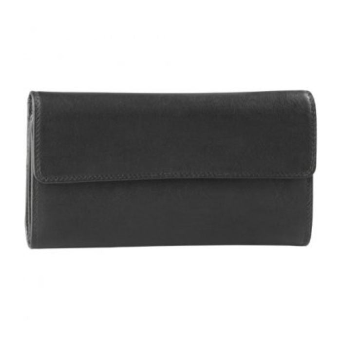 Rectangular black leather wallet with flap closure