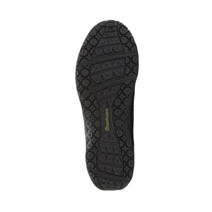 Black outsole with traction. The Dunham logo is in brown on the center of the black outsole.
