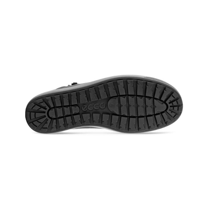 Black tread of Chelsea Boot with Ecco logo is embossed in center.