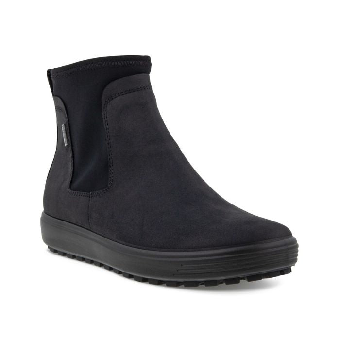 An Ecco black nubuck ankle boot with textile side paneling and a black outsole.