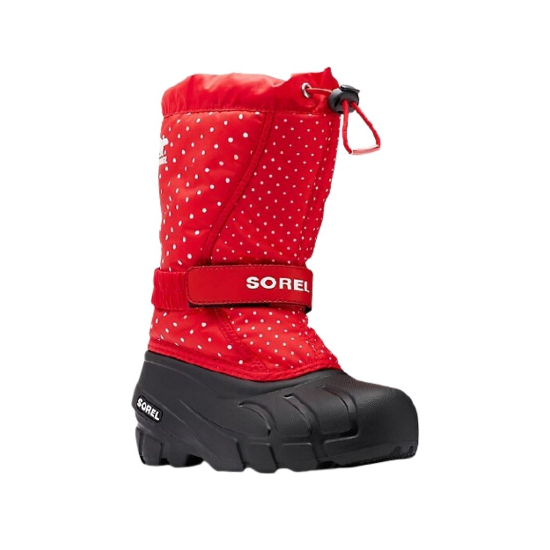 Red winter boot with white polka dots. This boot has a rubber foot and adjustbale toggle closure