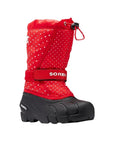 Red Children's Sorel Flurry Winter Boots with white polka dots, waterproof rubber base, fleece lining, and adjustable Velcro strap.