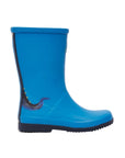 Side view of Kids Joules Jr Roll Up Wellie Print in blue with dinosaur tail detail. Waterproof kids boots with black sole and easy-clean finish.