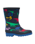 Kids Joules Jr Roll Up Wellie Print in navy with multicolor dinosaur silhouettes. Waterproof boots with adjustable buckle and blue sole.
