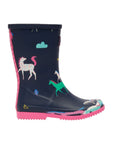 Kids Joules Jr Roll Up Wellie Print in navy with multicolor horse print. Waterproof kids boots with pink sole and reflective detailing.