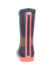Back view of the Navy Sausage Dog Welly, with a pink and navy reflective strip.