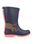Side view of the Navy Sausage Dog Wellie, showing the tail and hind legs of the dog.