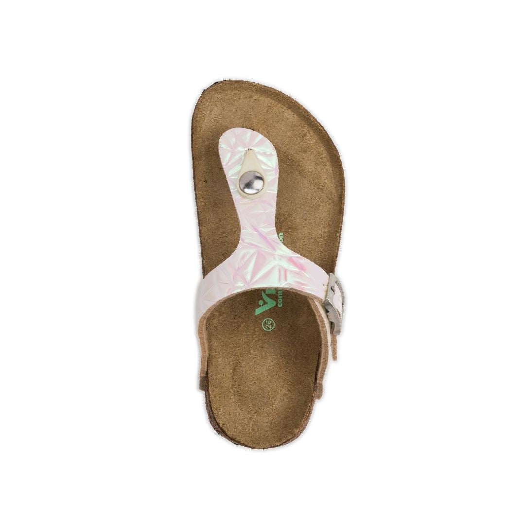 Top view of pealised white sandal with brown suede footbed.
