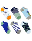 Six different socks which are dinosaur themed.