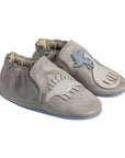 Grey leather pull on kids shoe with dinosaurs.