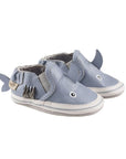 A pair of blue leather 3D shark kids shoe.