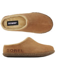 Top and side views of tan Kids Sorel Lanner Ridge II Slipper showing fleece lining and orthotic-friendly insole design.