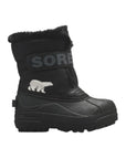 Black Youth Sorel Snow Commander Boot with polar bear graphic, waterproof design, and warm fleece lining for outdoor winter use.