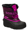 Youth Sorel Snow Commander Boot in pink with waterproof shell, Velcro strap, and insulated fleece lining for kids' winter wear.