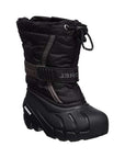 All-black Children's Sorel Flurry Winter Boots with reinforced rubber sole, windproof upper, and adjustable Velcro strap for snug fit.
