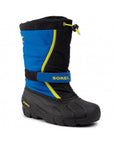 Blue and black Children's Sorel Flurry Winter Boots with yellow accents, waterproof design, and insulated for cold weather protection.