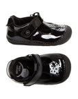 Pair of black patent leather Mary-Jane with floral cutout detail.