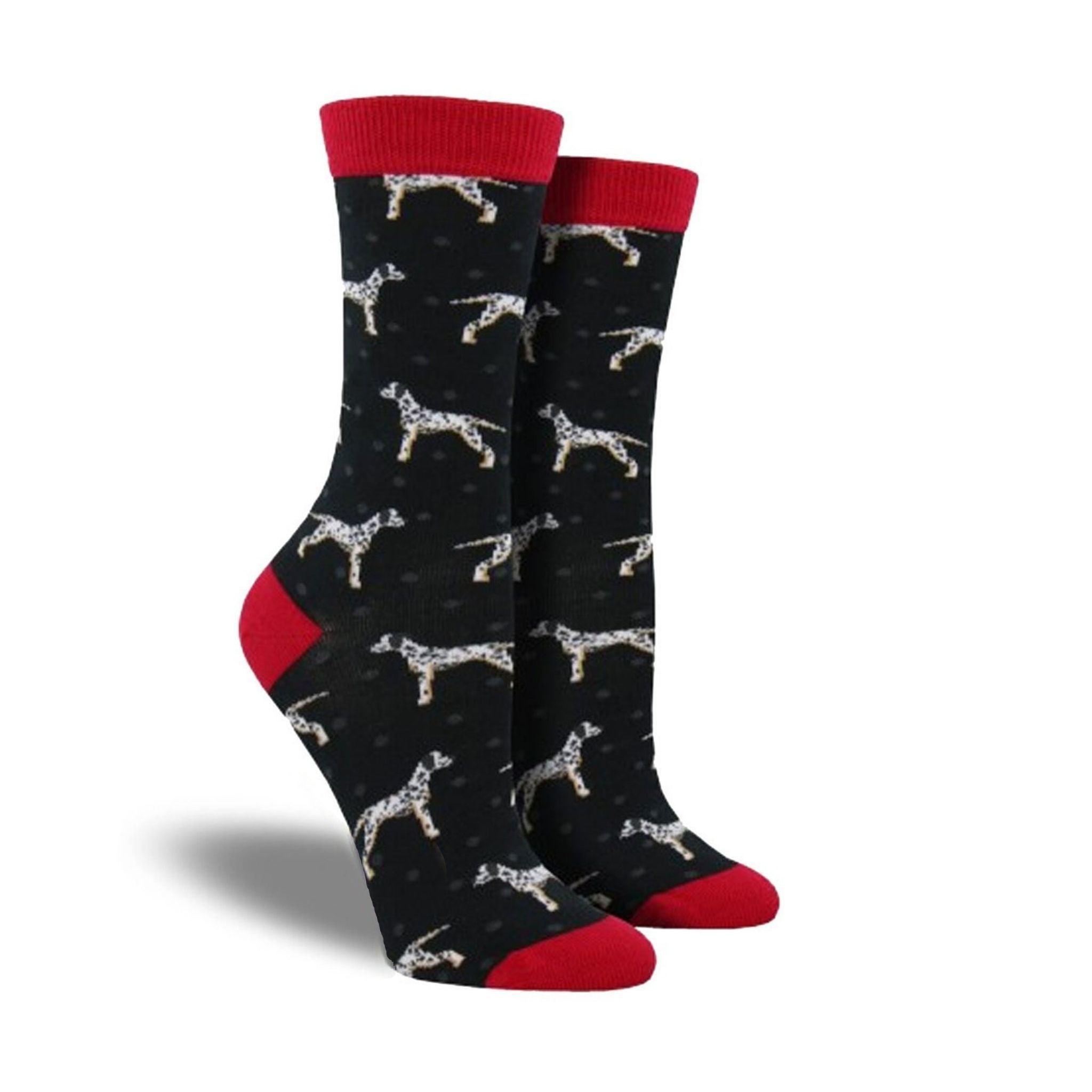 A pair of women&#39;s crew socks featuring dalmations.