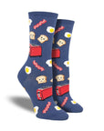Purple/blue socks with toaster, eggs and bacon on them