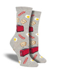 Grey socks with toaster, eggs and bacon on them