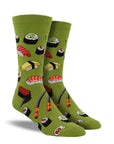 Women's Socksmith Sushi Socks in green with colorful sushi rolls and chopsticks, fun cotton crew socks for sushi lovers.