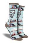 Women's cotton crew socks in light blue with bookshelf, books, and cat sleeping on shelf.