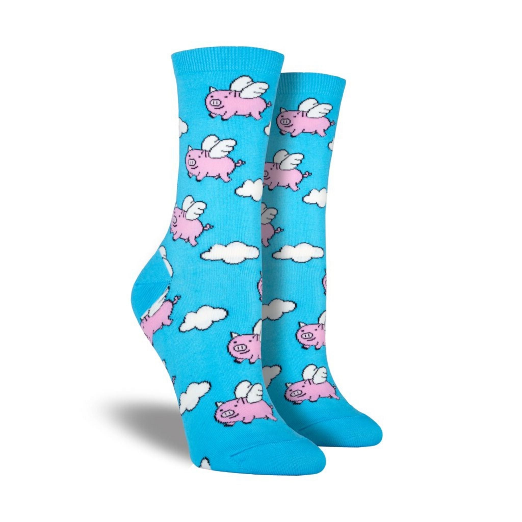 Women&#39;s Blue crew socks with pigs flying on them