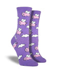 Women's purple crew socks with flying pigs on them.