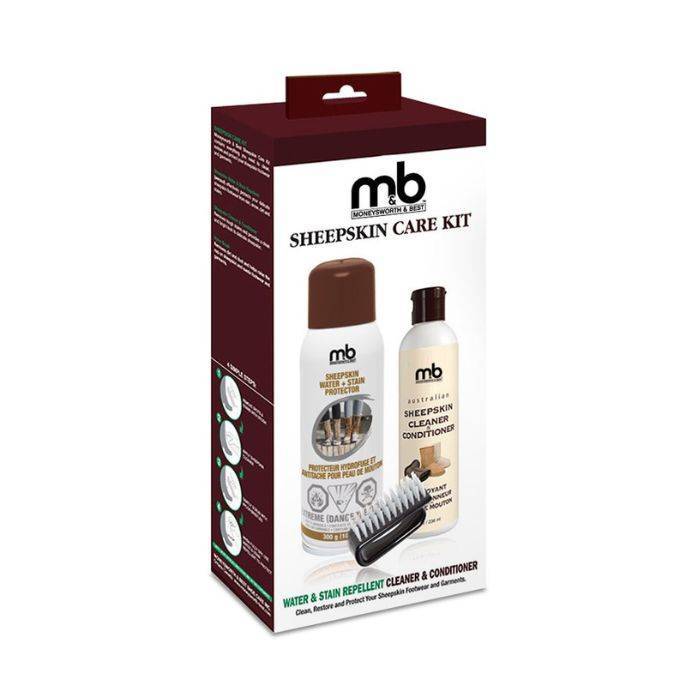 Moneysworth and Best Sheepskin Care Kit with suede cleaner, conditioner, water repellent spray, and nylon brush for shoe care and protection.