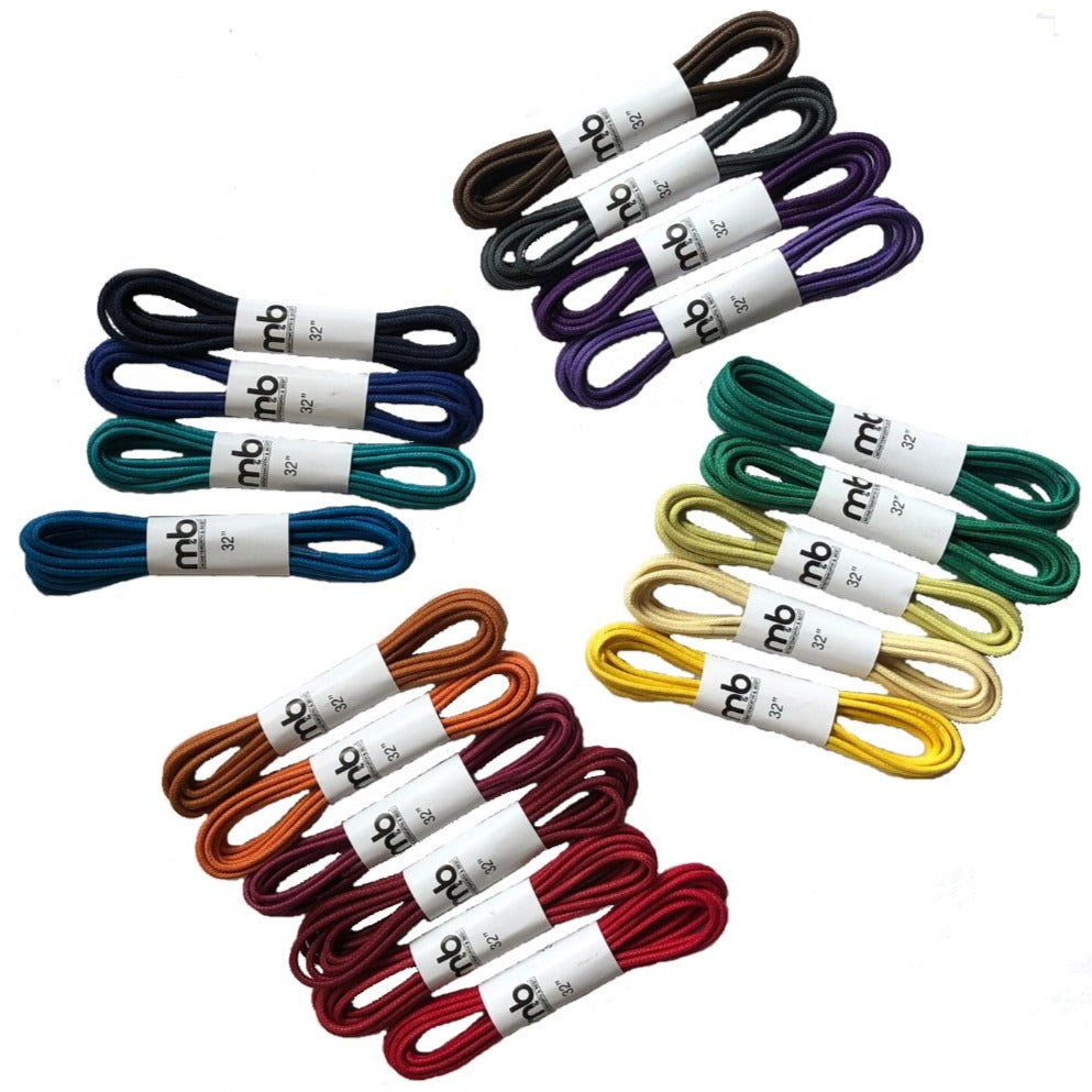 Assorted Beeswax Coated Round Shoe Laces in multiple vibrant colors, durable and designed to stay tied longer for stylish footwear.
