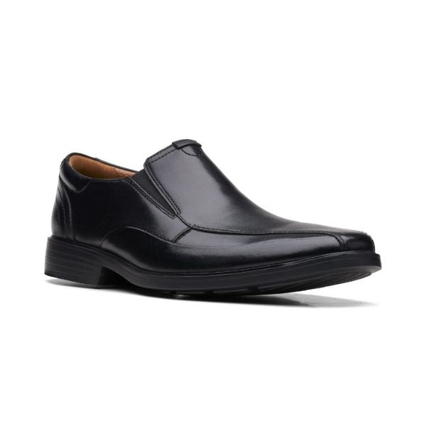 Men's Clarks Clarkslite Ave slip-on dress shoe in black leather with sleek design, OrthoLite insole, and flexible rubber sole for comfort.