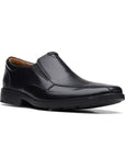 Men's Clarks Clarkslite Ave slip-on dress shoe in black leather with sleek design, OrthoLite insole, and flexible rubber sole for comfort.