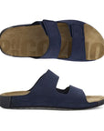 Top and profile view of Ecco slide Sandal in Navy suede and a beige footbed with Ecco branding.