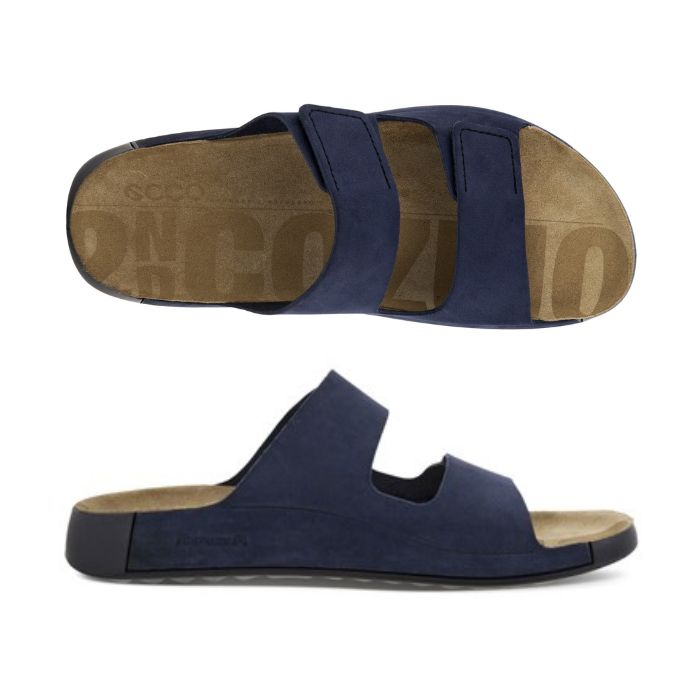 Top and side view of navy sandal with two straps with Velcro closures. Ecco logo on footbed.