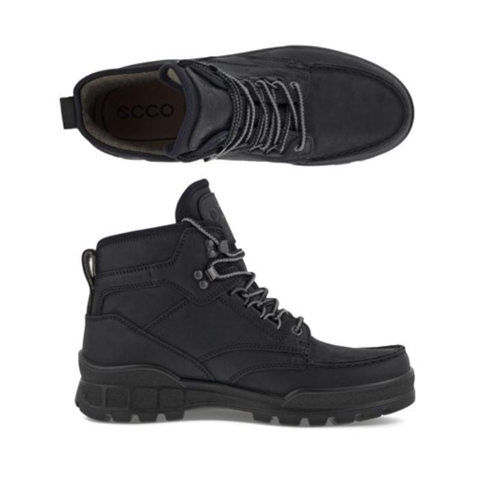 A pair of Ecco black leather boots with black and grey laces, brown branded footbed, a black midsole, and a black outsole.