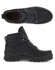 A pair of Ecco black leather boots with black and grey laces, brown branded footbed, a black midsole, and a black outsole.