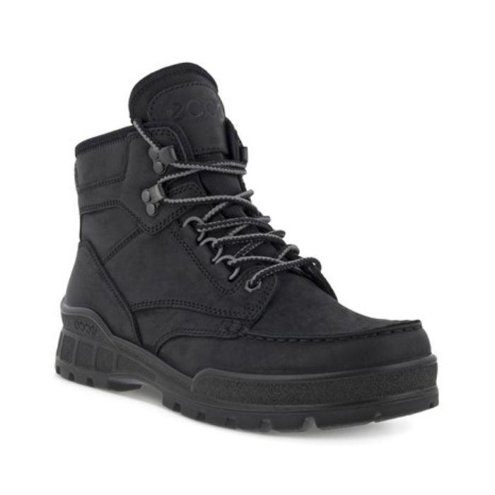 An Ecco black leather boot with black and grey laces, a black midsole, and a black outsole.